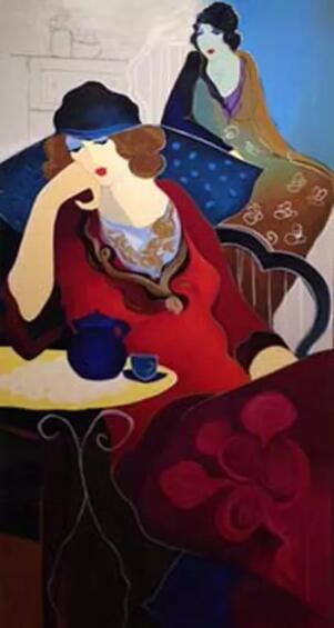 Itzchak Tarkay Portraiture Painting Tired At Tea II 2003 IT315